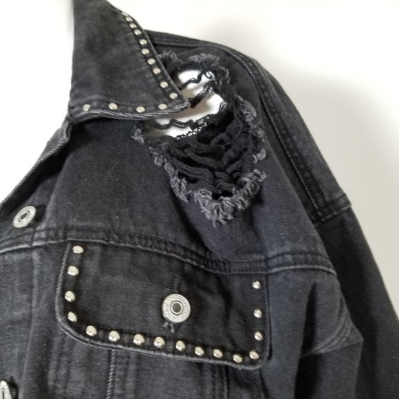Forever 21 Jean Denim Jacket Coat S Black Distressed Stud Bling Gothic Punk Alt - Picture 4 of 12
